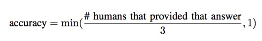 Figure of the mathematical formula which is accuracy equals minimum of either one or the number of humans that provided that answer divided by three.
